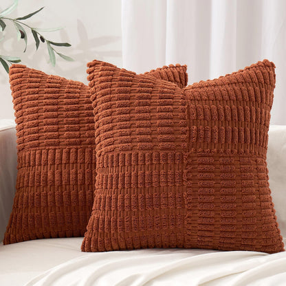 Fall Set of 2 Dark Rust Decorative Pillow Covers 18X18 Inch Textured Striped Patchwork Accents Farmhouse Boho Soft Corduroy Couch Pillows for Sofa Living Room Bed Home Decor