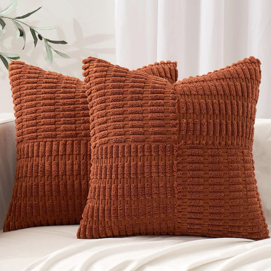 Fall Set of 2 Dark Rust Decorative Pillow Covers 18X18 Inch Textured Striped Patchwork Accents Farmhouse Boho Soft Corduroy Couch Pillows for Sofa Living Room Bed Home Decor
