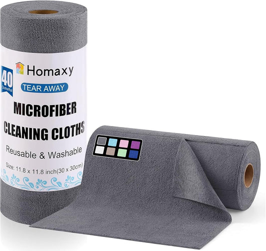 Tear Away Dish Cloths Rolls, 40 Sheets-11.8" X 11.8", Reusable Washable Dish Towels for Kitchen, Ultra Absorbent and Quick Drying Microfiber Cleaning Rags, Grey