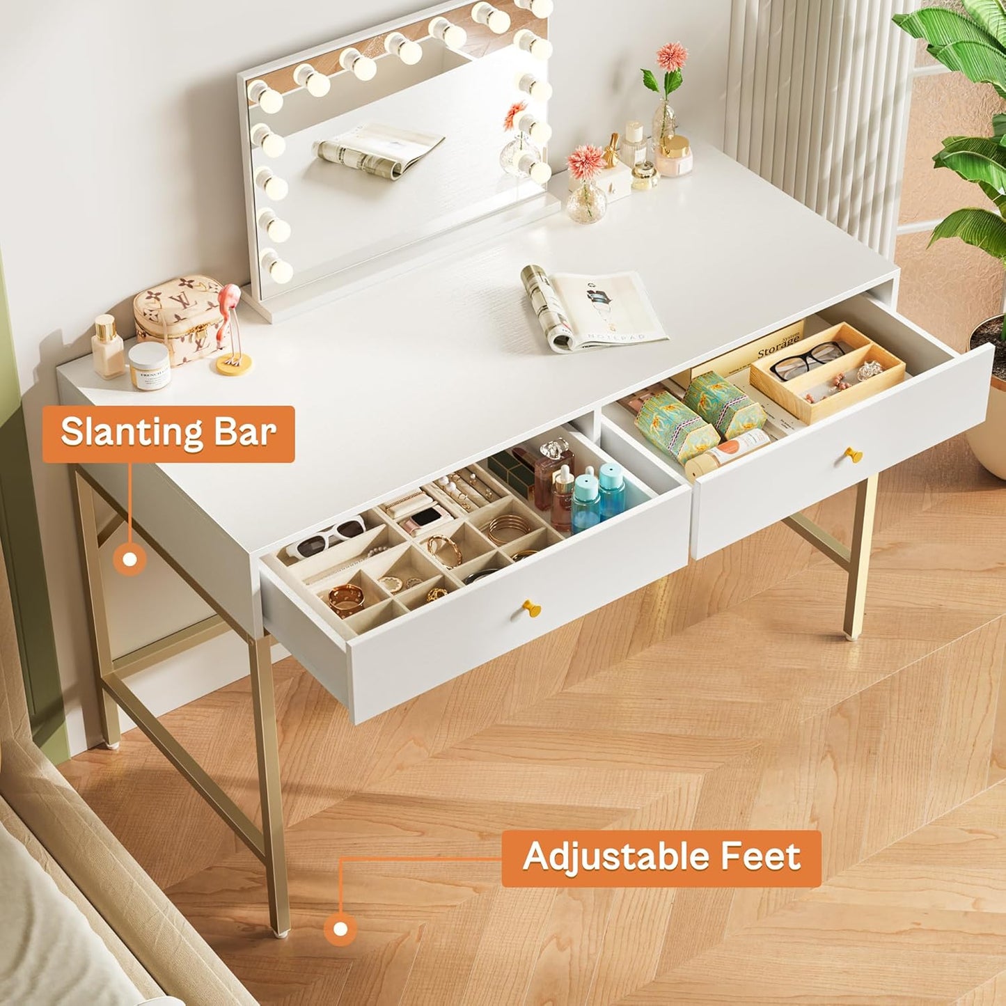 Modern 47-Inch Vanity Desk with Drawers - White and Gold Makeup Dressing Table and Home Office Desk