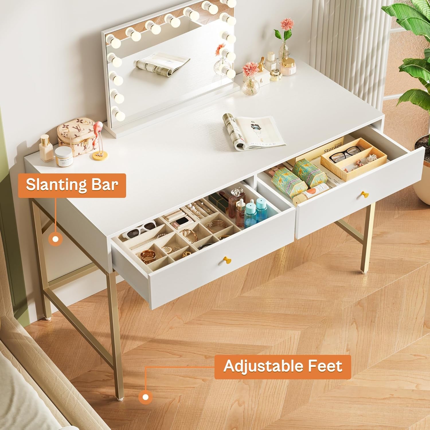 Modern 47-Inch Vanity Desk with Drawers - White and Gold Makeup Dressing Table and Home Office Desk