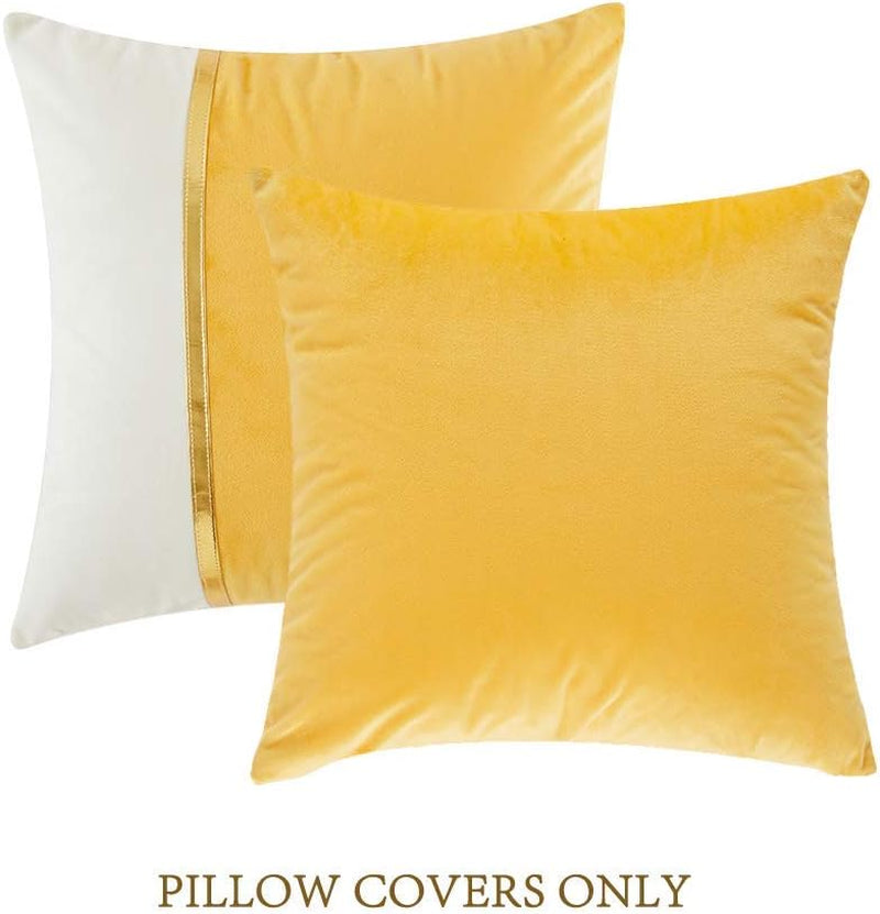 2 Packs Decorative Throw Pillow Covers 20X20 Inch for Living Room Couch Bed, Yellow and White Velvet Patchwork with Gold Leather, Luxury Modern Home Decor, Square Cushion Case 50X50 Cm