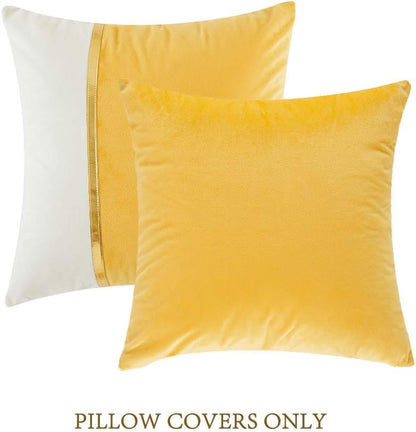 2 Packs Decorative Throw Pillow Covers 20X20 Inch for Living Room Couch Bed, Yellow and White Velvet Patchwork with Gold Leather, Luxury Modern Home Decor, Square Cushion Case 50X50 Cm
