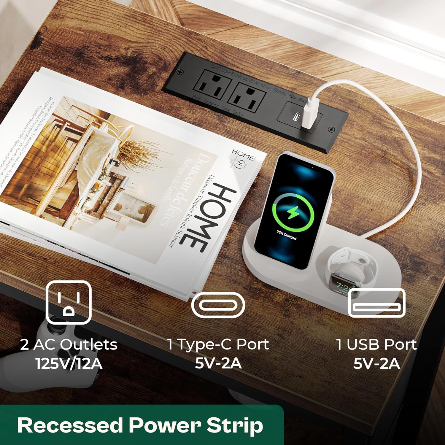 Rustic Brown Nightstand with Integrated Charging Station, 27.6 Inch Bedside Table Featuring Fabric Drawers, USB Ports, and Outlets for Bedroom Use