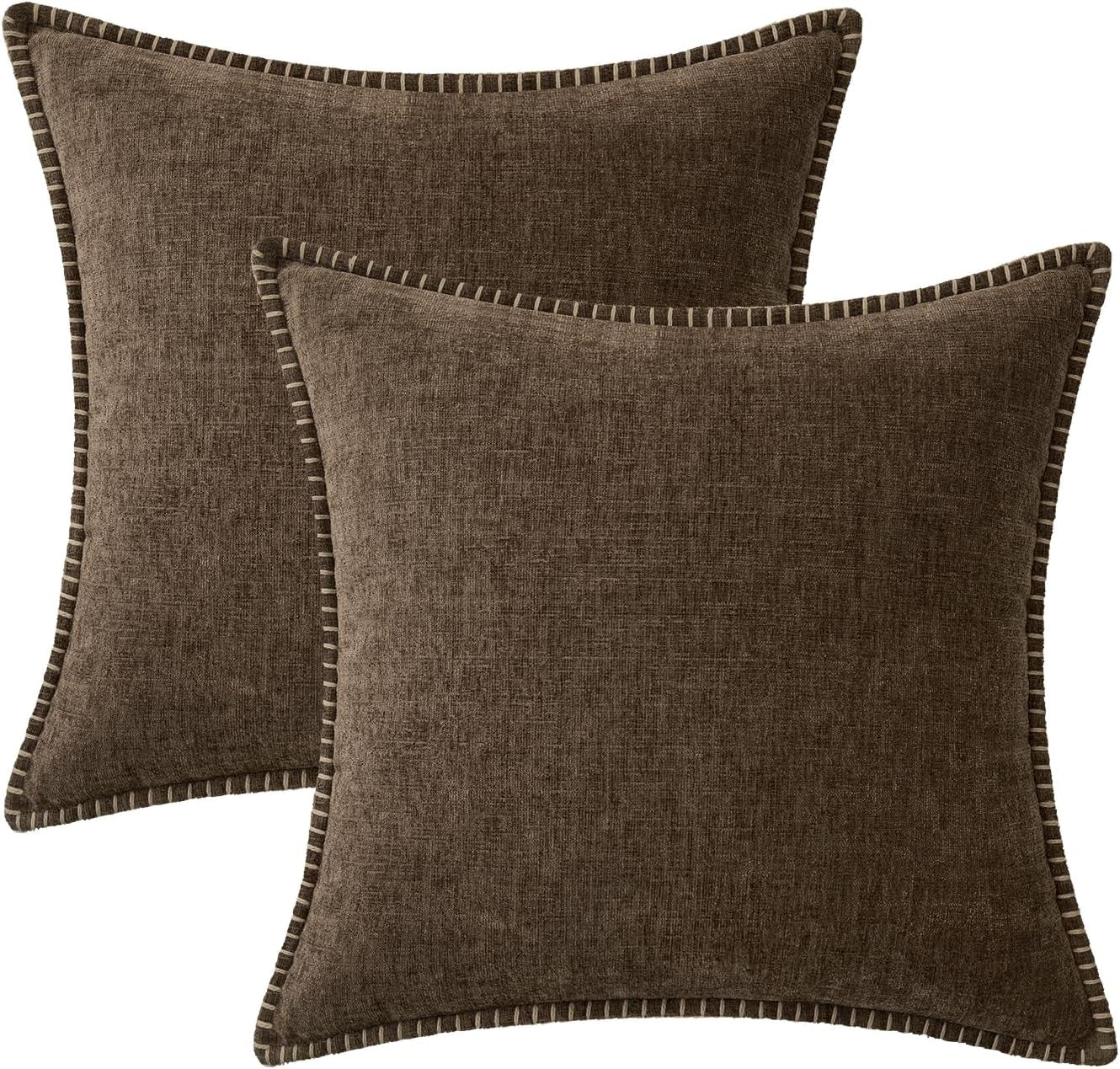 Pack of 2 Couch Throw Pillow Covers 18X18 Inch Brown Farmhouse Decorative Pillow Covers with Stitched Edge Soft Chenille Solid Dyed Spring Pillow Covers for Sofa Bed Living Room
