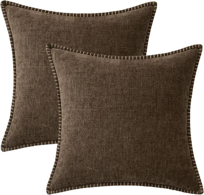 Pack of 2 Couch Throw Pillow Covers 18X18 Inch Brown Farmhouse Decorative Pillow Covers with Stitched Edge Soft Chenille Solid Dyed Spring Pillow Covers for Sofa Bed Living Room