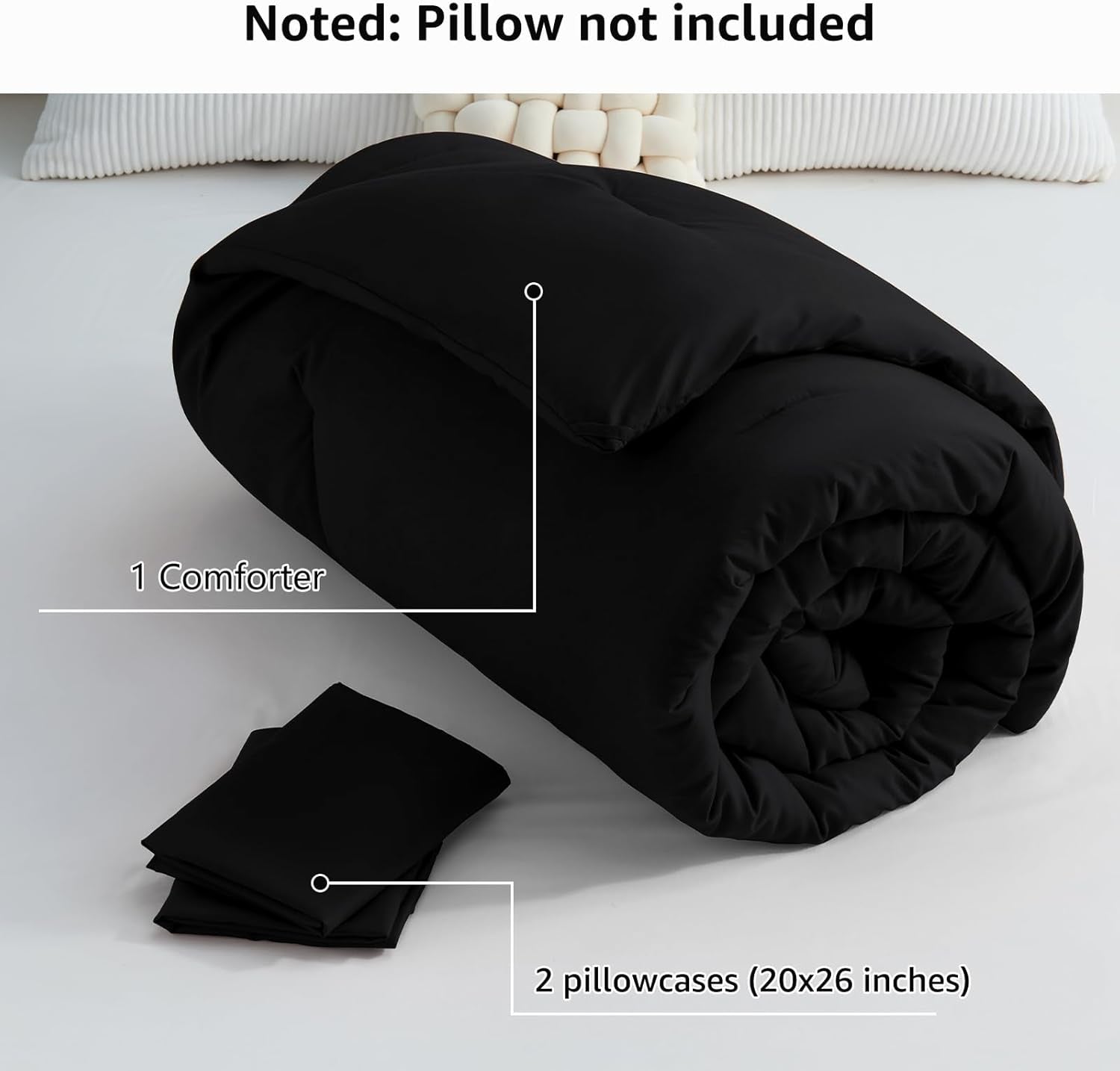 Queen Comforter Set Black, 3 Pieces Solid Queen Comforter Breathable Quilted Style Bedding Sets, Luxury Soft Microfiber down Alternative Comforter for All Season (1 Comforter & 2 Pillowcases)