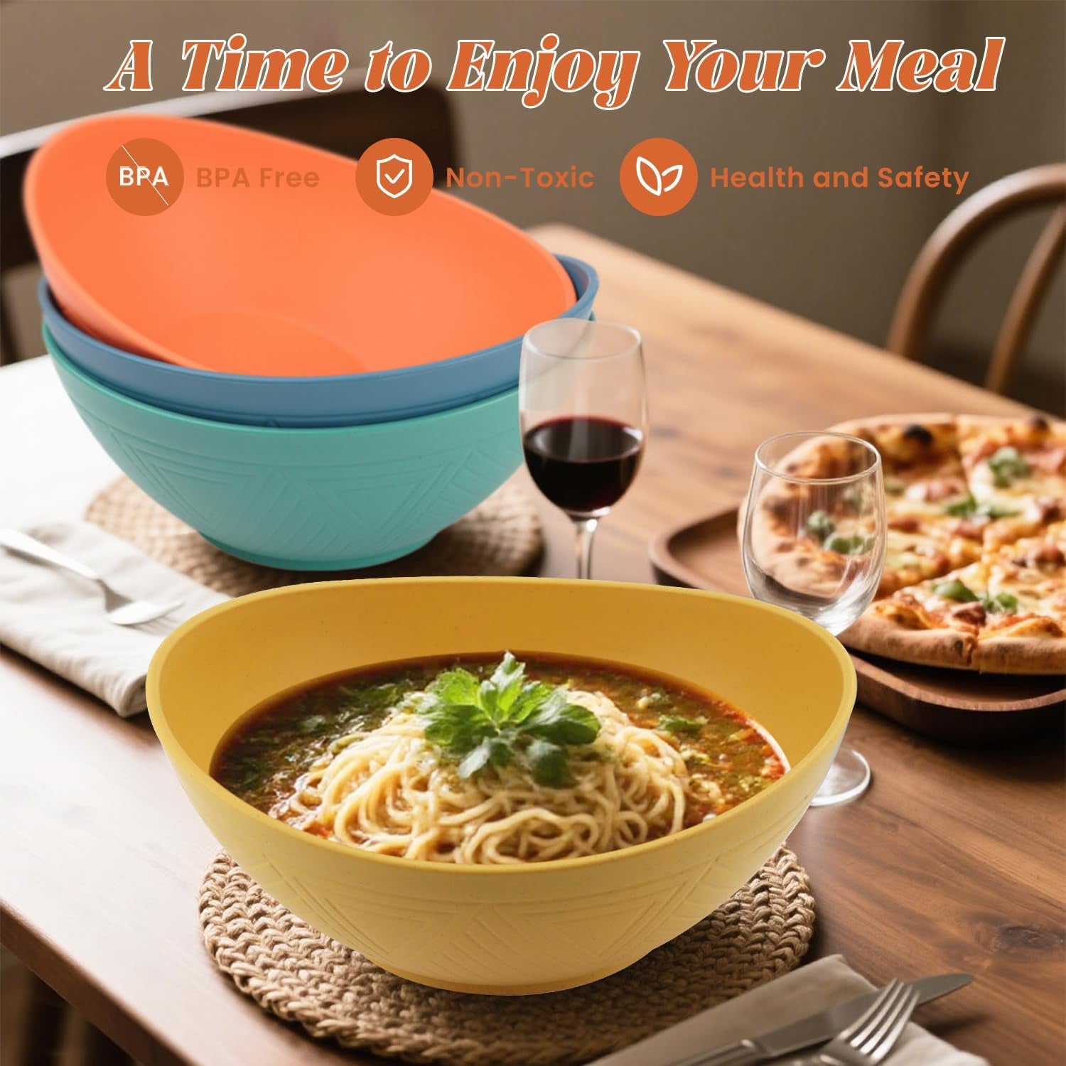 Large 9.6-Inch Oval Serving Bowls, Set of 4 - 60 Oz Multi-Color Dishes for Salads, Side Dishes, and Pasta, Microwave and Dishwasher Safe, Ideal for Weddings and Parties