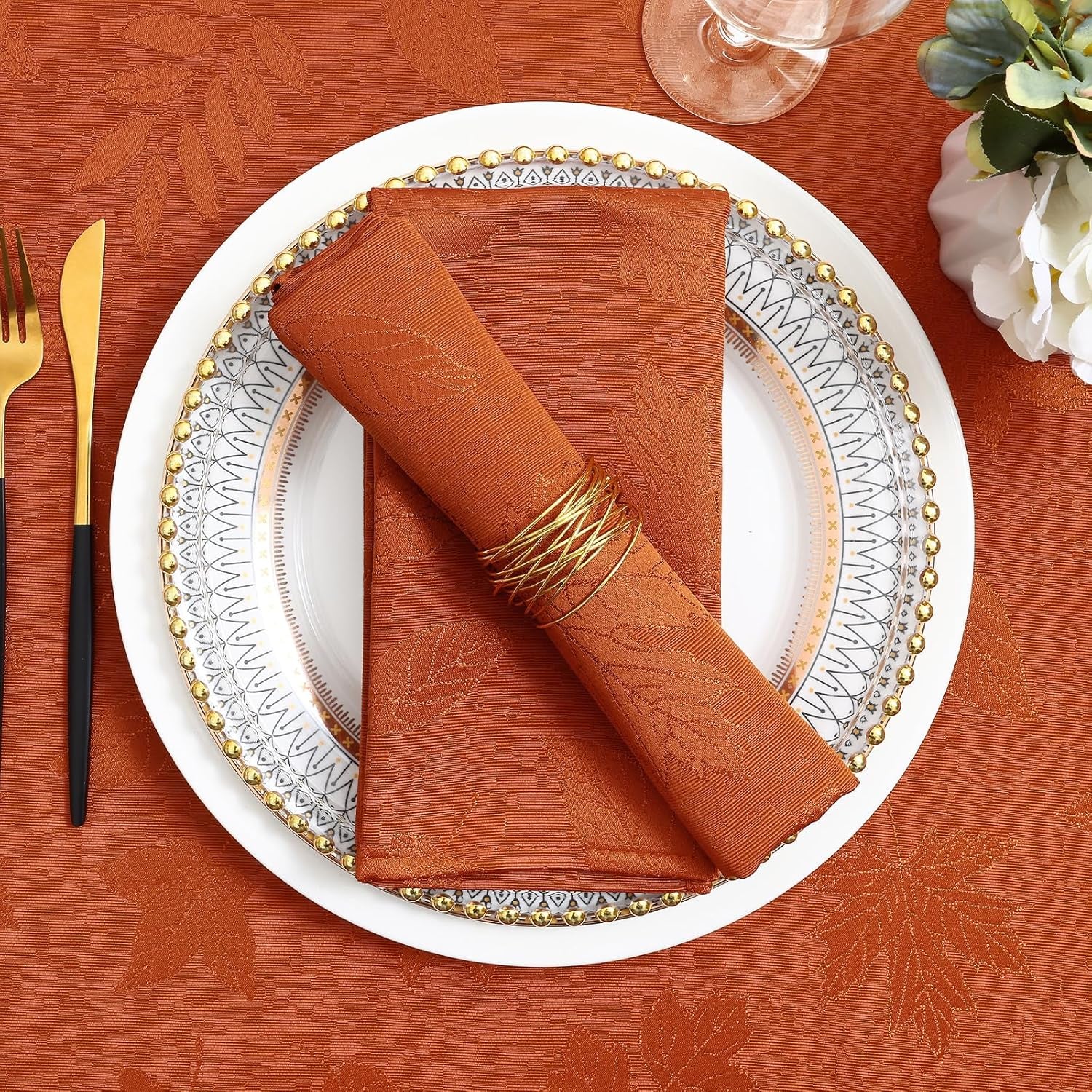 Thanksgiving Napkins Set of 4, 18X18 Inch Waterproof Fabric Fall Napkins, Autumn Leaves Damask Napkins for Harvest Parties, and Holiday Dinner, Rust