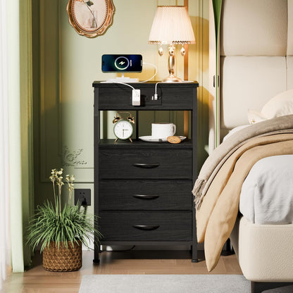 Black Oak Night Stand with Charging Station - 28.3 Inch Tall Side Table Featuring Fabric Drawers, Storage Shelf, USB Ports, and Outlets for Versatile Bedroom Use