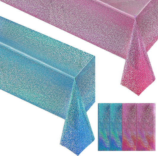 4-Pack Pink and Blue Holographic Laser Tablecloths - Iridescent Foil Rectangle Covers 40" x 108" for Baby Showers, Undersea Ocean Birthday Parties, and Wedding Celebrations