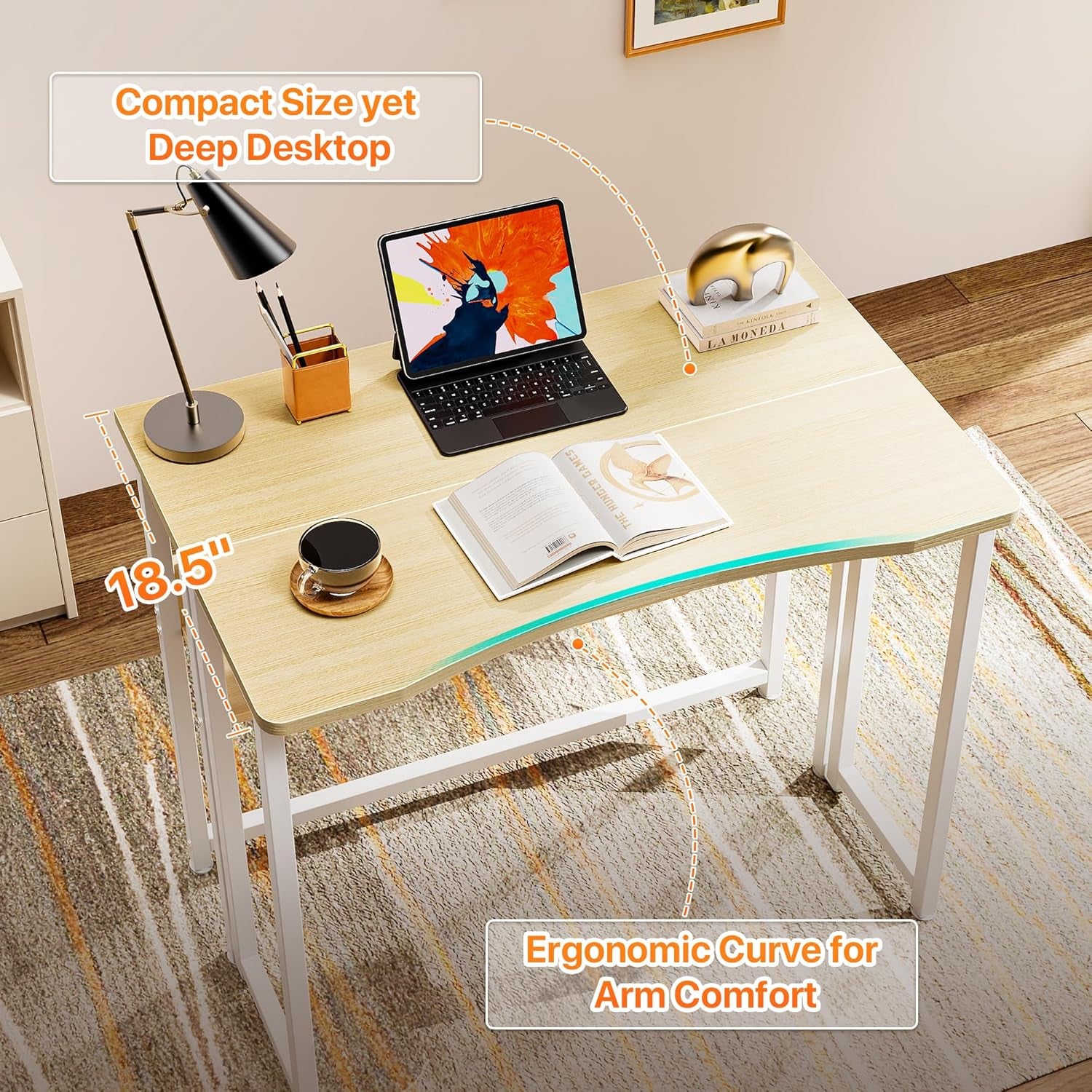 Folding Desk with Storage Shelf - 31.5 Inch Compact Computer Table for Small Spaces, Space-Saving Sofa Table, Writing and Office Use, Easy to Fold, Oak Finish