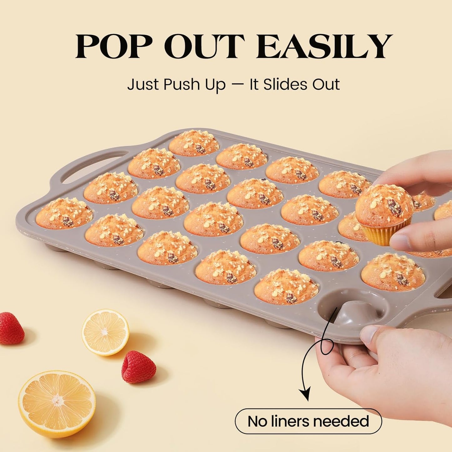 Mini Silicone Muffin Pans for Baking with Metal Reinforced Frame, 24 Cups Brown Regular Size Nonstick Cupcake Pan, BPA Free Oven Dishwasher Safe Baking Mold for Muffins Cupcakes