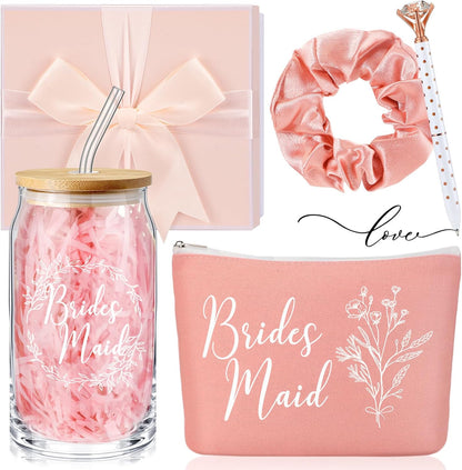 Bridesmaid Gift Box Set of 5 - Includes Glass Cups with Lids, Makeup Bags, Scrunchies, Hair Ties, and Diamond Ballpoint Pens for Wedding Party Favors (Rose Pink)