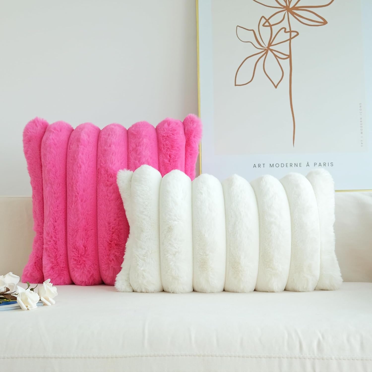Pack of 2 Faux Fur Plush Decorative Throw Pillow Covers Couch Cushion Case Soft Fluffy Pillowcases Wide Stripe (Hot Pink, 16 X 16 Inch)
