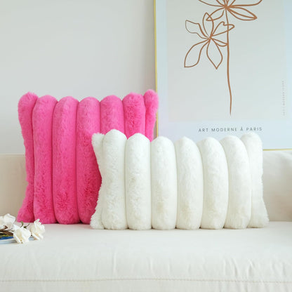 Pack of 2 Faux Fur Plush Decorative Throw Pillow Covers Couch Cushion Case Soft Fluffy Pillowcases Wide Stripe (Hot Pink, 16 X 16 Inch)