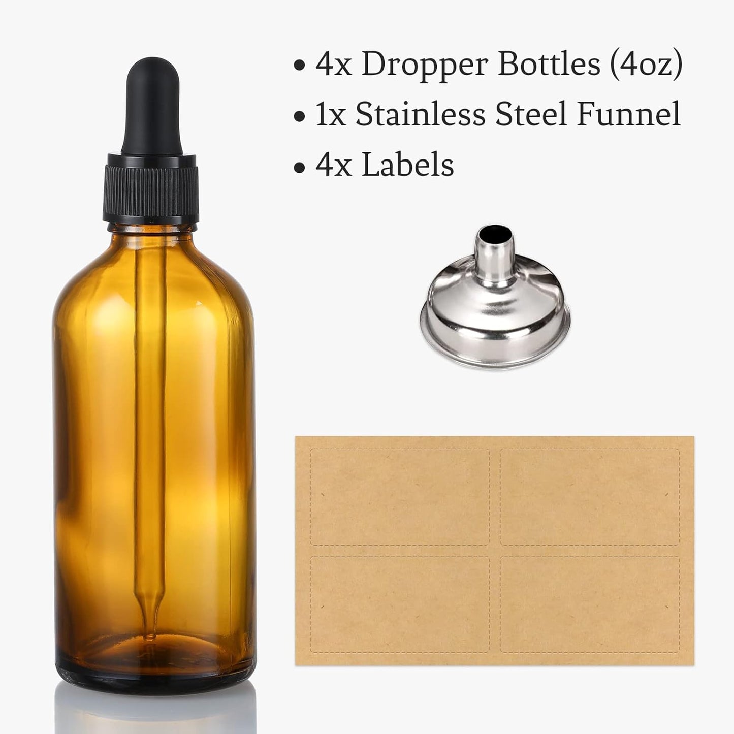 4 Pack, 4 Oz Dropper Bottles with 1 Funnel & 4 Labels - Essential Oils Bottles for Health, Personal Care & Beauty - 120Ml Thick Dark Amber Glass Tincture Bottles with Eye Droppers, Leakproof