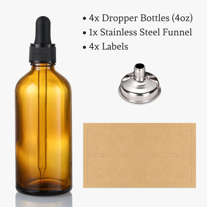 4 Pack, 4 Oz Dropper Bottles with 1 Funnel & 4 Labels - Essential Oils Bottles for Health, Personal Care & Beauty - 120Ml Thick Dark Amber Glass Tincture Bottles with Eye Droppers, Leakproof