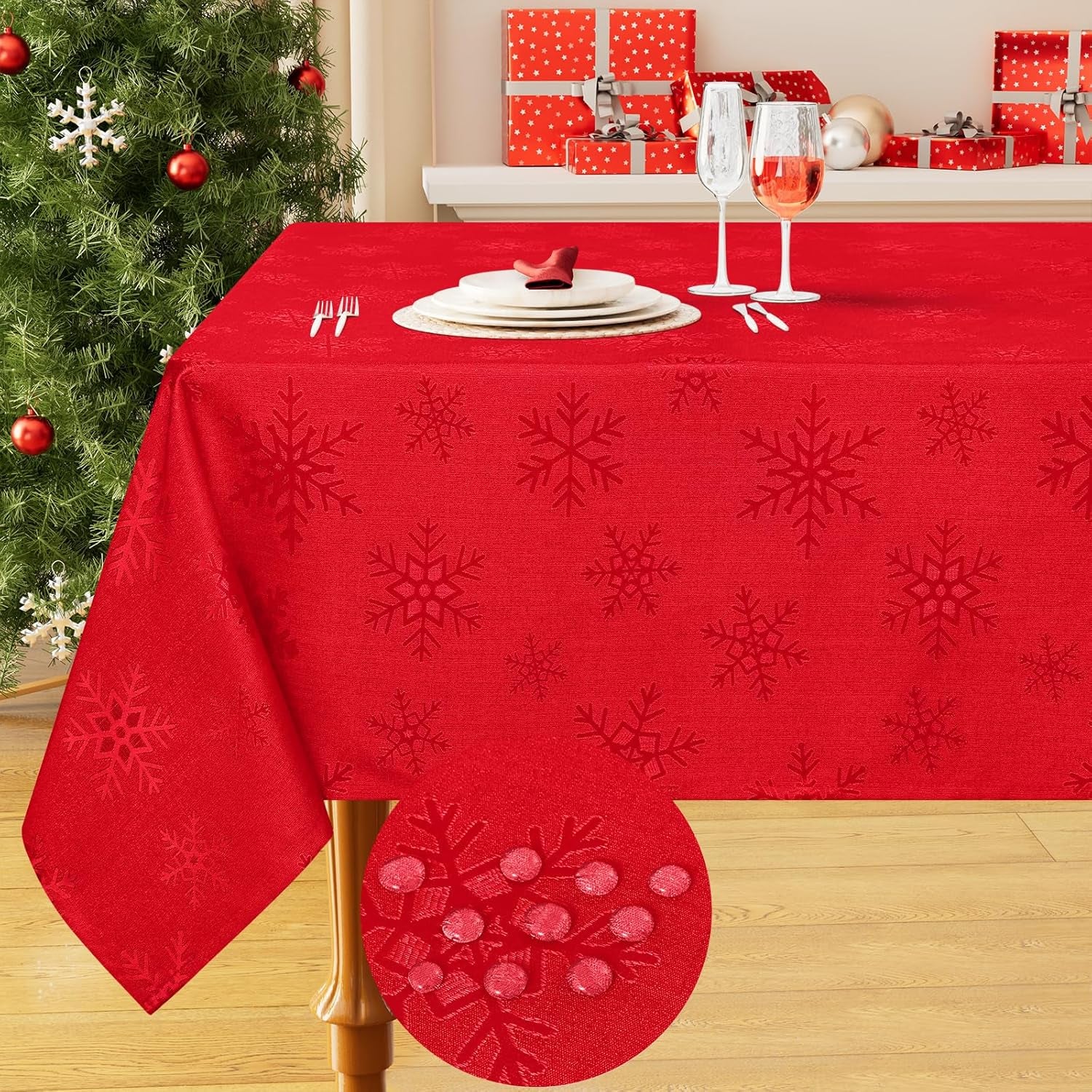 Rectangle Christmas Tablecloth 60X84 Inch, Waterproof Damask Table Cloth, Snowflake Patterns Fabric Table Covers for Christmas Dinner, and New Year Celebration, Red
