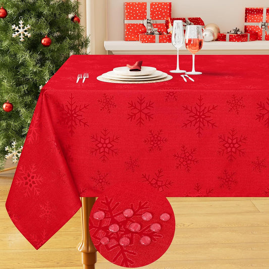 Rectangle Christmas Tablecloth 60X84 Inch, Waterproof Damask Table Cloth, Snowflake Patterns Fabric Table Covers for Christmas Dinner, and New Year Celebration, Red