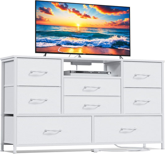 Wide Chest Dresser with Power Outlet for 55" TV Stand - 8 Deep Drawers for Storage in Bedroom, Living Room, Entryway, Hallway, and Closet (White)