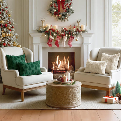 Christmas Throw Pillow Covers Beige Christmas Decorations Set of 2 Xmas Tree 18X18 Pillow Covers Soft Plush Faux Wool Pillowcases Holiday Festivals Winter Home Decor Sofa Couch Bed Porch