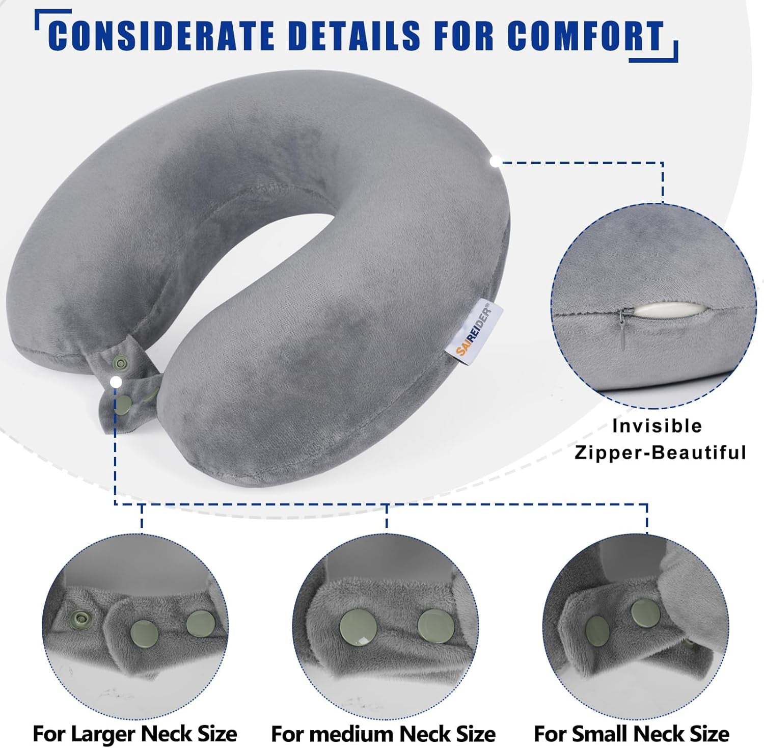Travel Pillows for Sleeping Airplane 100% Pure Memory Foam Neck Pillow for Airplanes Washable Cover with Storage Bag (Grey)