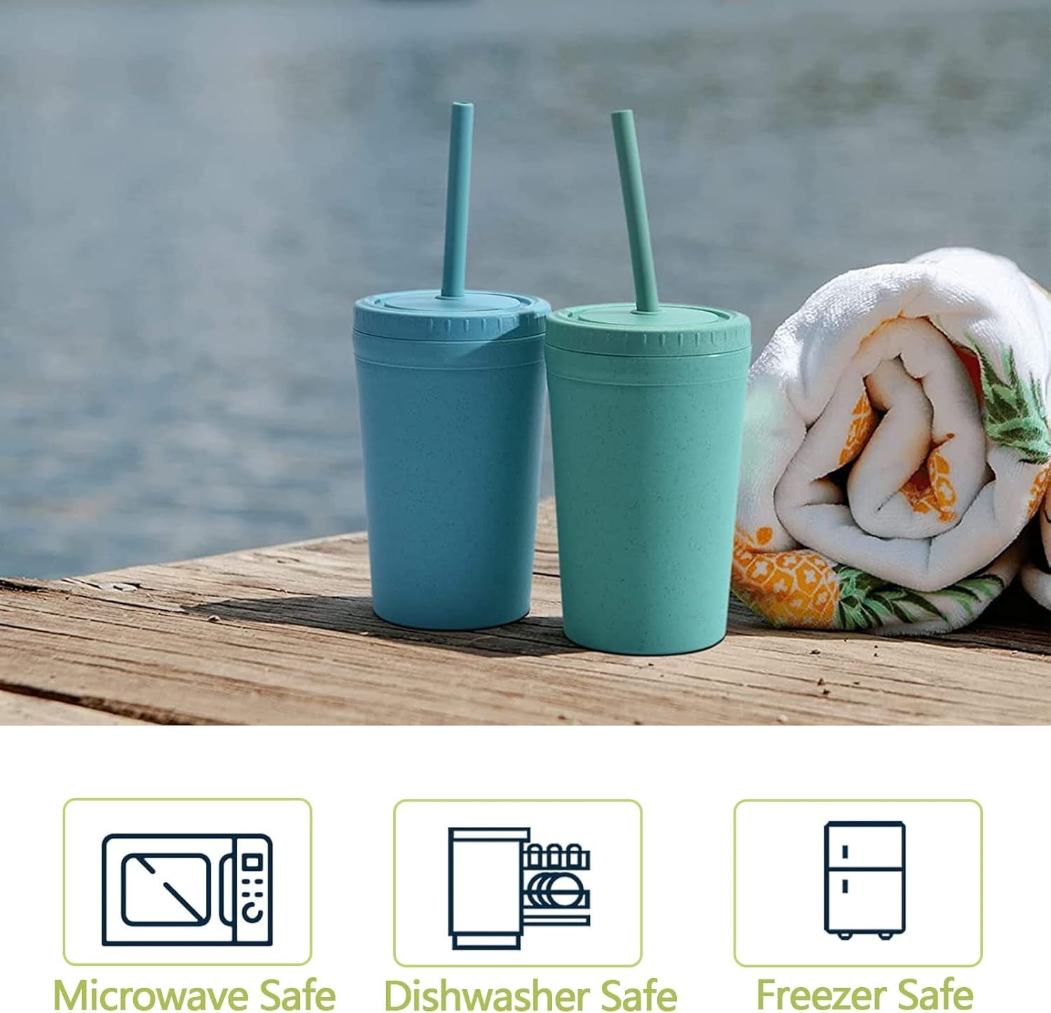 Reusable Wheat Straw Cups with Lids and Silicone Straws, 10 Oz Chip Resistant E-Co Friendly Small Water Cups for Milk, Drinks, Smoothies - 4 Colors