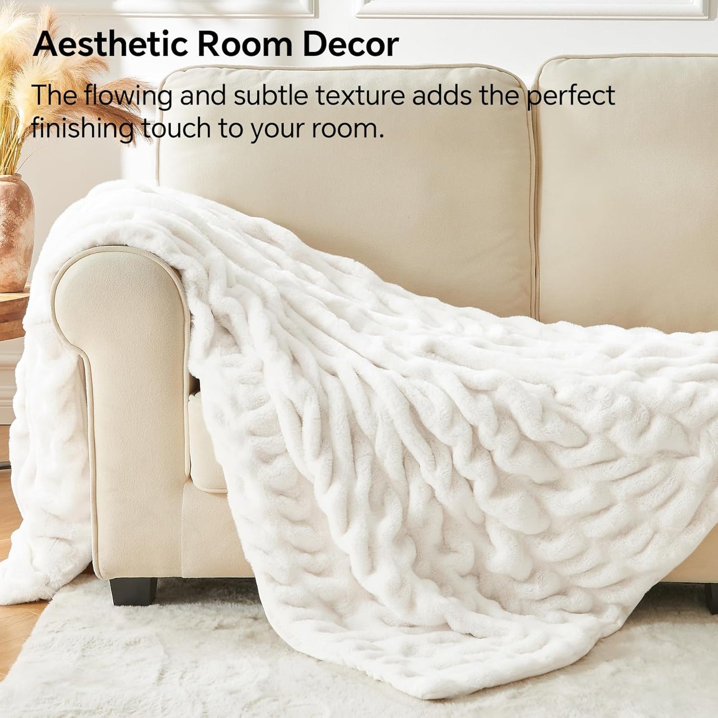 Faux Fur Throw Blanket for Couch, Soft and Cozy Boho Ruched Fluffy Blanket, Warm Plush Fuzzy Faux Rabbit Fur Blanket for Women Gift (Cream, 50"X 60")