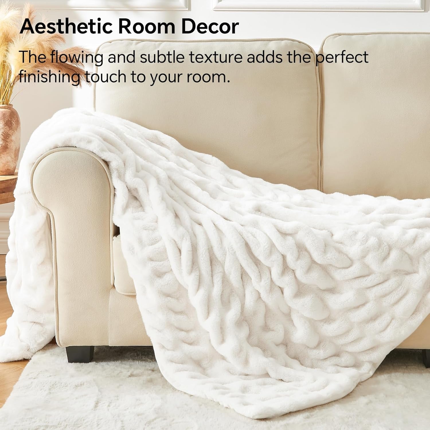 Faux Fur Throw Blanket for Couch, Soft and Cozy Boho Ruched Fluffy Blanket, Warm Plush Fuzzy Faux Rabbit Fur Blanket for Women Gift (Cream, 50"X 60")