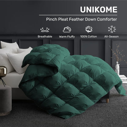 Pinch Pleat Goose Feather down Comforter - All Season Duvet Insert with 100% Cotton Cover, Cloud-Like Fluffiness, 20% Extra Fill (King, Green,106"X90")