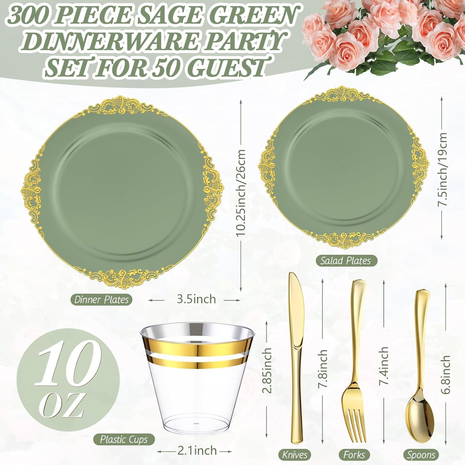 300-Piece Sage Green Plastic Dinnerware Set with Gold Accents - Includes 50 Dinner Plates (10.2"), 50 Dessert Plates (7.5"), and 150 Gold Utensils for Weddings and Events