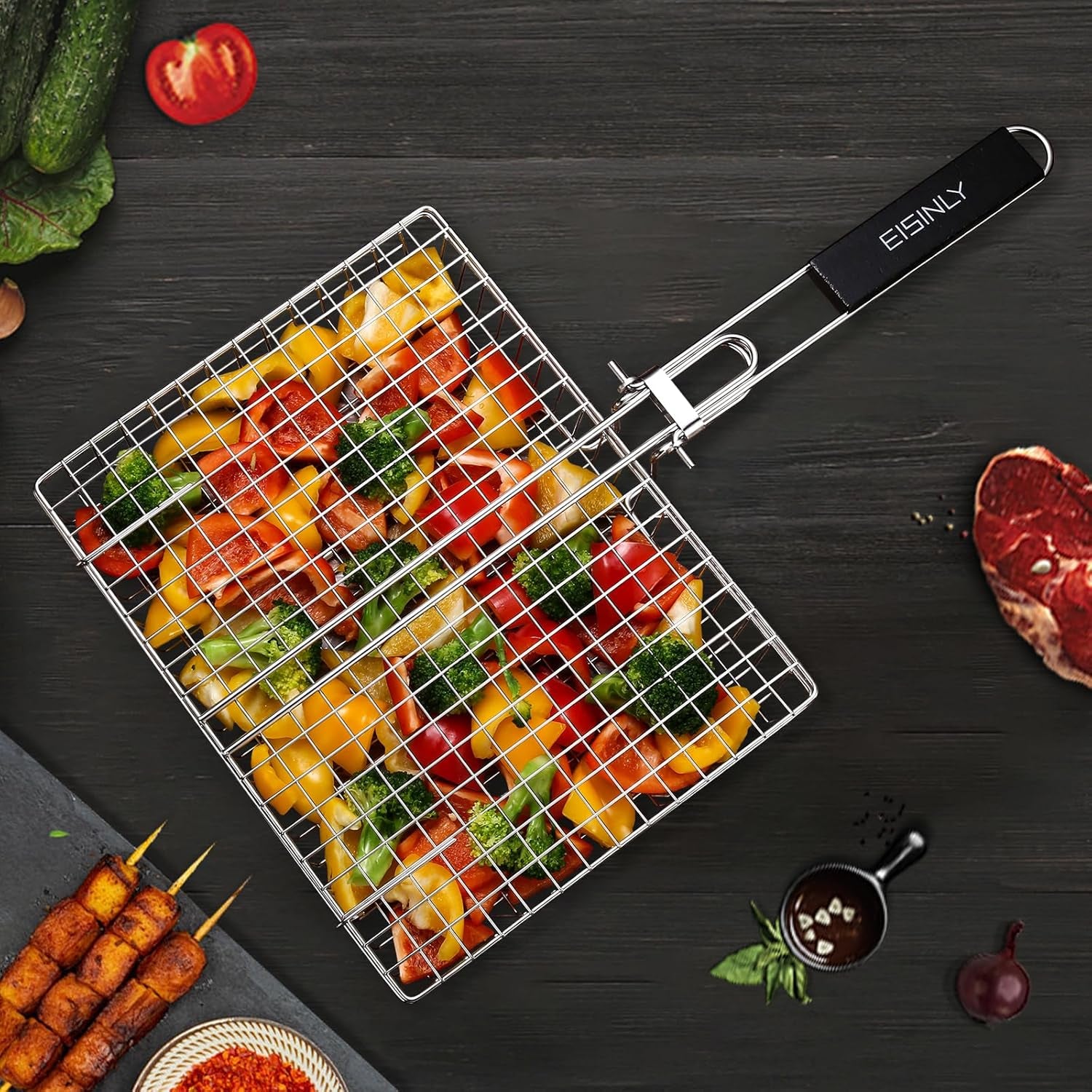 Portable Grill Basket,  BBQ Grilling Basket for Outdoor Grill with Removable Handle, Stainless Steel Camping Cooking Grill Accessories for Chicken Fish Vegetable