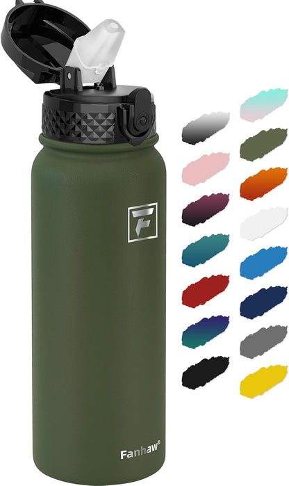 20 Oz Stainless Steel Insulated Sports Water Bottles with Straw for Kids, Men and Women (Olive Green)