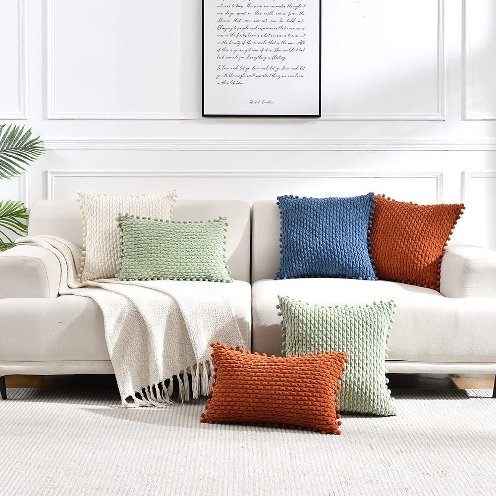 Set of 2 Dusty Blue Decorative Throw Pillow Covers 18X18 Inch with Pom-Poms for Couch Bed Sofa, Rustic Farmhouse Boho Home Decor, Soft Plush Corduroy Cute Cushion Case 45X45 Cm