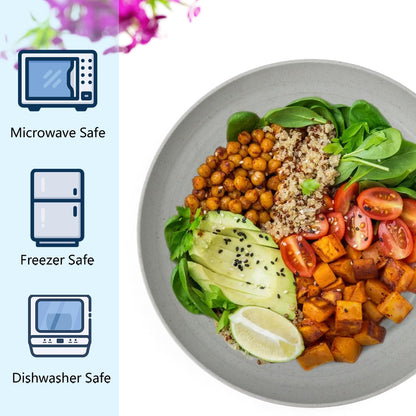 Deep Dinnerware Set of 12 - Eco-Friendly Wheat Straw Plates, Microwave and Dishwasher Safe, Unbreakable Design for Children (Grey, 10 Inches)