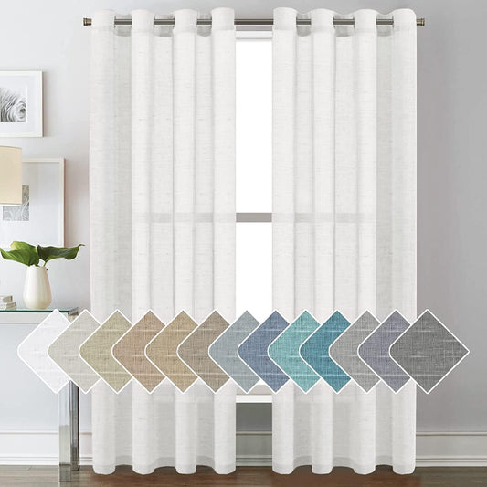 White Sheer Linen Curtains for Living Room 84 Inches Long Bedroom Curtains 2 Panel Sets Grommet Semi Sheer Elegant Soft Light Filter Window Treatments Curtain, White