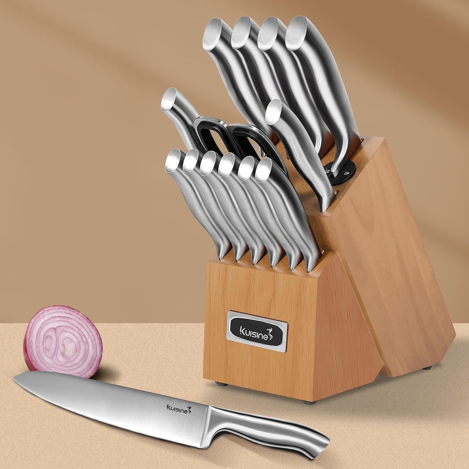 Premium Sharp Knife Set,High Carbon Stainless Steel Sharper Blade Ergonomic Non-Slip Handle,Kitchen Block Knife Set Chef Knife Block Set with Built-In Sharpener(Acacia, 15PCS)