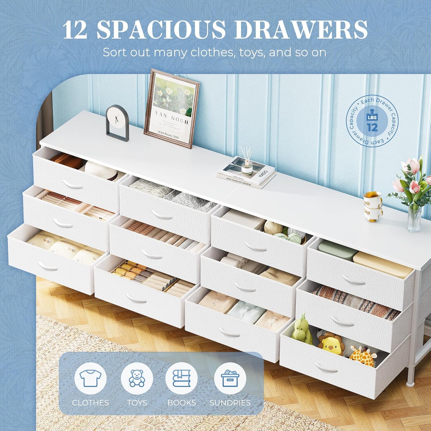 70-Inch Bedroom Dresser and TV Stand for 65-80 Inch TVs, Featuring 12 Fabric Drawers and Ample Storage, Ideal for Living Room, White Finish