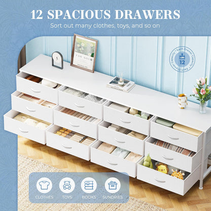 70-Inch Bedroom Dresser and TV Stand for 65-80 Inch TVs, Featuring 12 Fabric Drawers and Ample Storage, Ideal for Living Room, White Finish