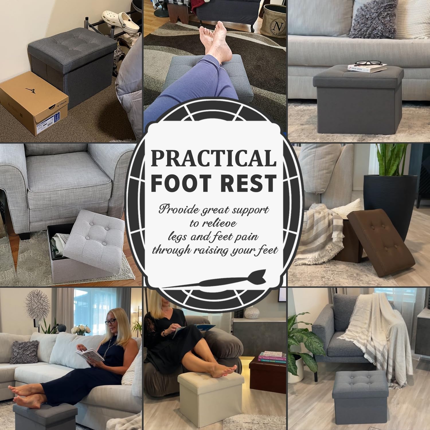 Compact Linen Storage Ottoman and Footrest in Light Gray - 16"x12"x12