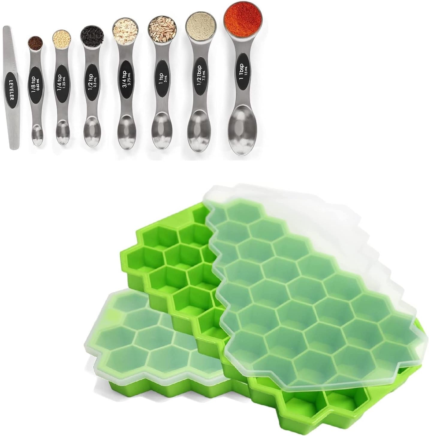Magnetic Measuring Spoons Set Stainless Steel with Leveler,Ice Cube Trays for Freezer with Lid-37 Grid Silicone Ice Cube Tray with Lid for Small Ice Cube Molds,Easy-Release Reusable Ice Cube