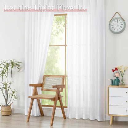 White Short Faux Linen Textured Cafe Kitchen Curtains 36 Inch Length 2 Panels, over Sink Semi Sheer Farmhouse Light Filtering Panels Rod Pocket Drapes for Bathroom Window, 40 X 36 Inch