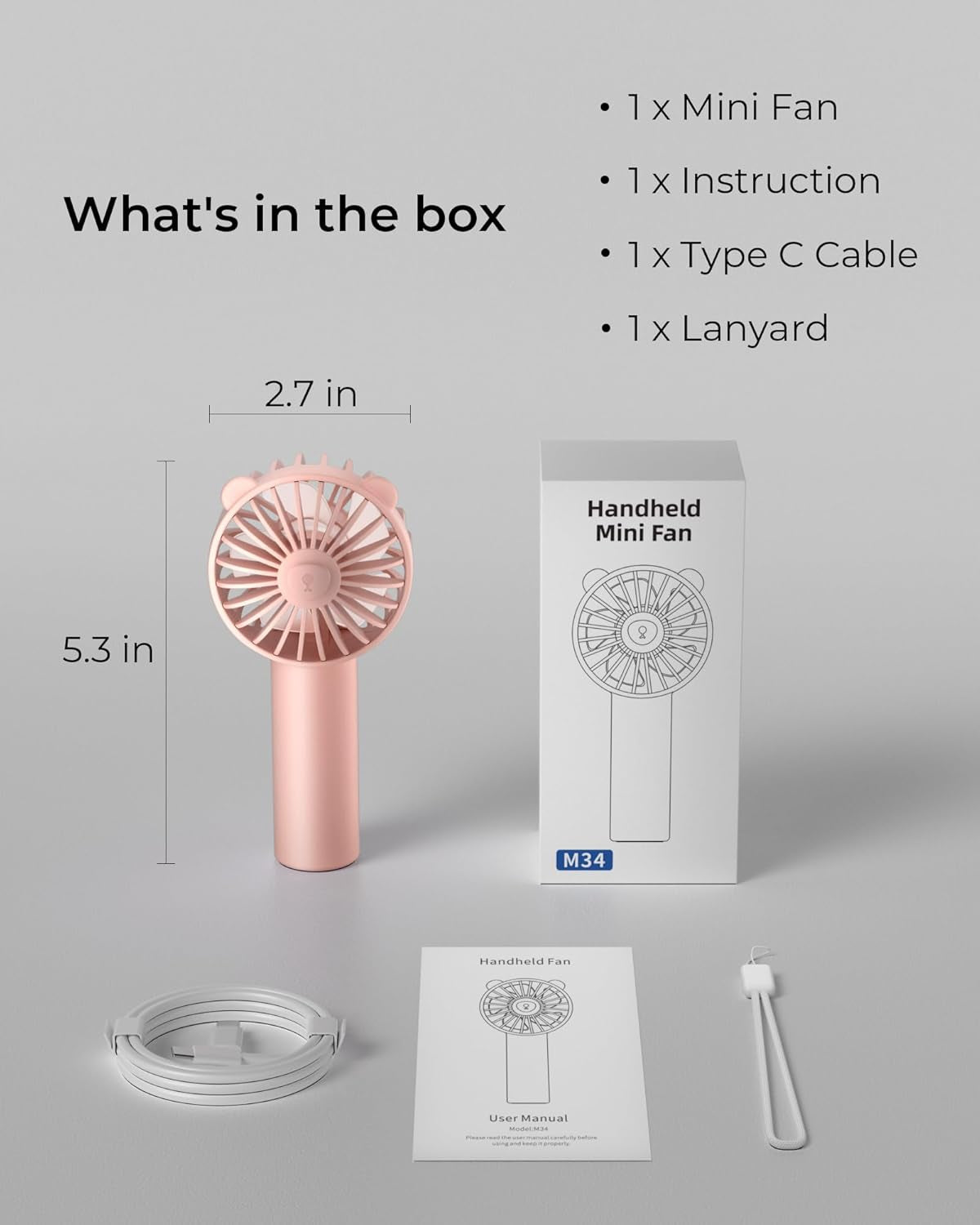 Mini Portable Fan, Handheld Fan with 3 Speeds for 2000Mah Battery USB-C Rechargeable, 3-Speed Quiet Operation, Stylish for Outdoors & Travel