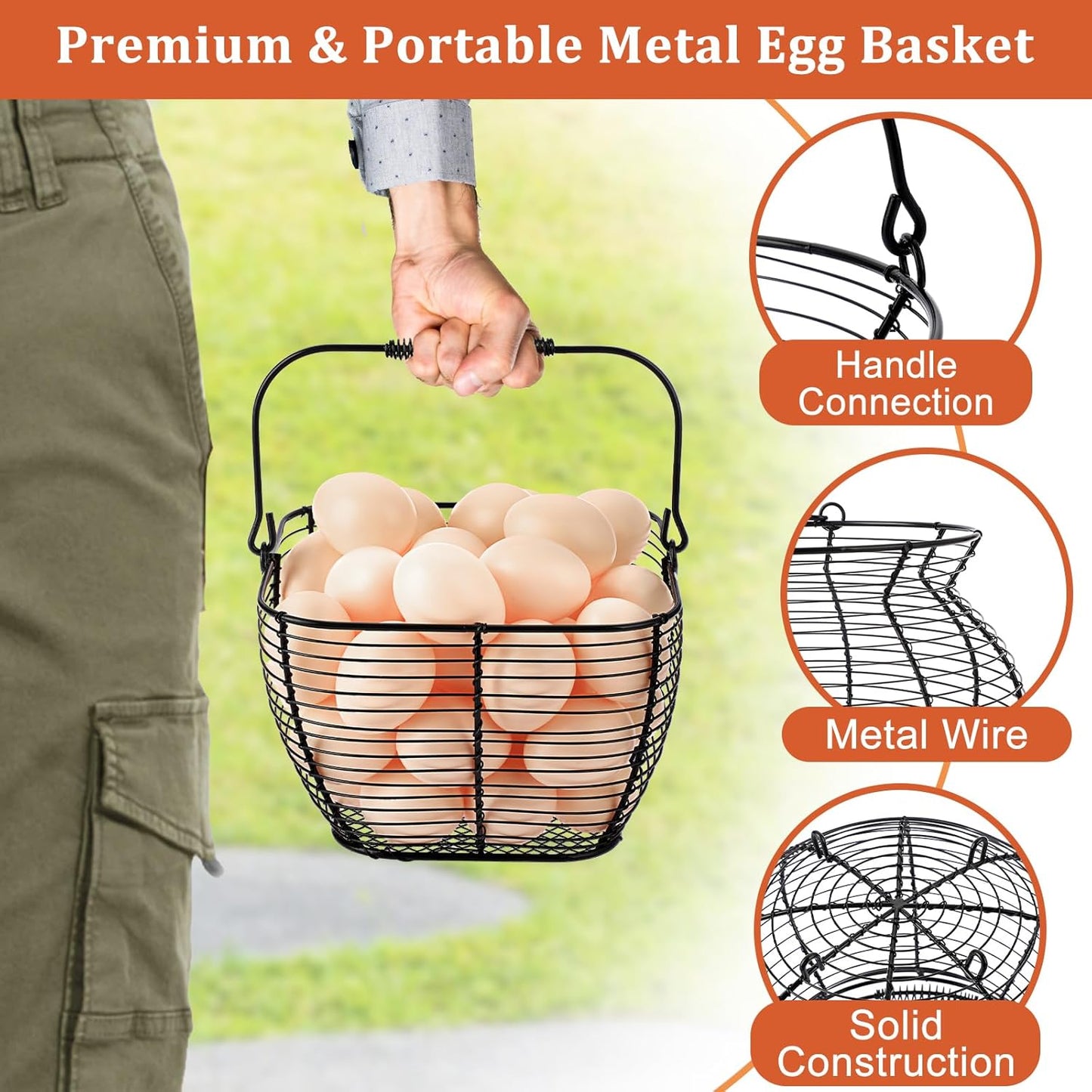 Set of 2 Black Square Wire Egg Baskets with Handles - Ideal for Collecting Fresh Chicken and Duck Eggs, Countertop Storage Solution