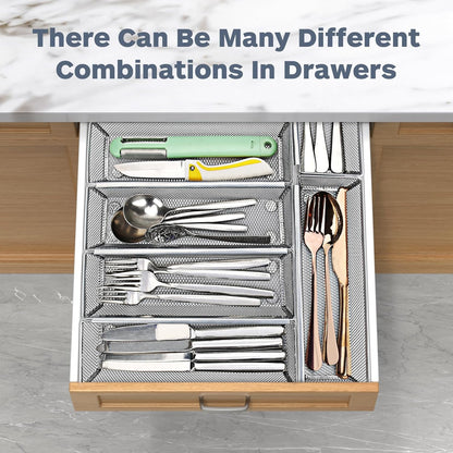 Silverware Drawer Organizer Set, 6-Piece Cutlery and Utensil Organizer with Interlocking Arm, Grey (9.6 x 3 x 2 Inches)