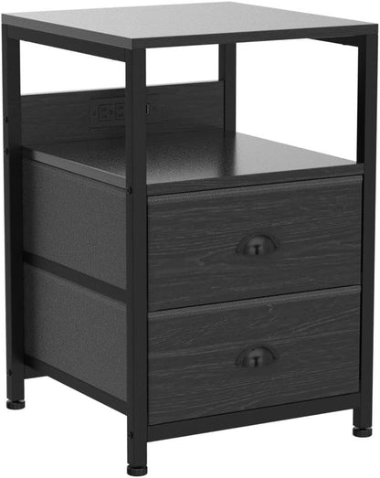 Nightstand Set of 2, Black Oak, with Charging Station and USB Ports, Side Tables with 2 Fabric Drawers, Bedside Tables with Storage Shelf & Hooks, for Living Room/Bedroom