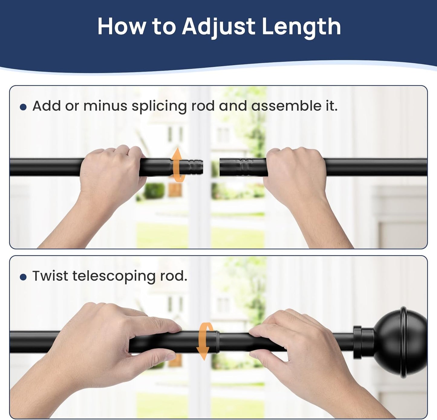 2 Pack No Drill Curtain Rods for Window 28 to 48 Inches, 5/8 Inch Diameter Renter Friendly Drapery Rod with Adhesive Brackets without Drilling, Adjustable from 27 to 52 Inches, Black