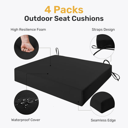 Outdoor Chair Cushions Pack of 4, Water Resistant Patio Cushions with Ties, High Density Sponge Filling Square Corner Seat Cushions for Outdoor Furniture, 18.5"X16"X3", Black