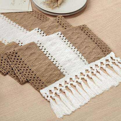 Boho Table Runner for Home Decor with Tassels 72 Inches Long Farmhouse Rustic Brown Macrame Burlap Table Decoration for Living Room Bridal Shower (12X72 Inches)